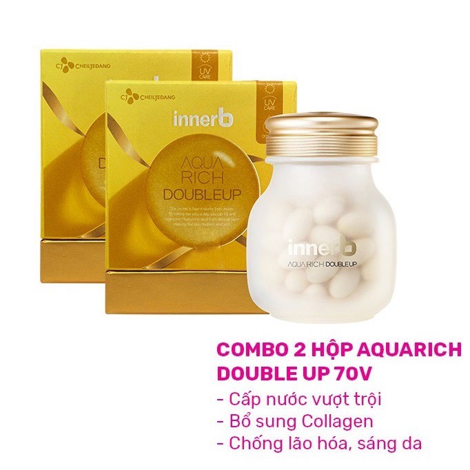 Combo 2 Lọ Thực phẩm bảo vệ sức khỏe InnerB Aqua Rich Giúp cấp ẩm làm đẹp da chiết xuất cám gạo lọ 70 viên x 2 -Hộp vàng | BigBuy360 - bigbuy360.vn