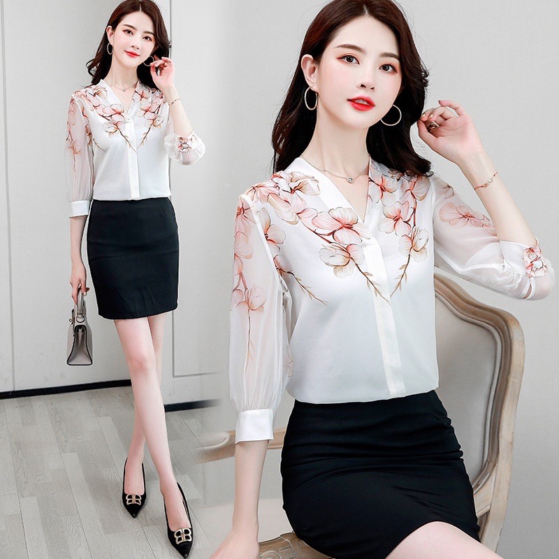 sơ mi nữ dài tay cổ v vai in hoa chất liệu nhẹ thoáng mát