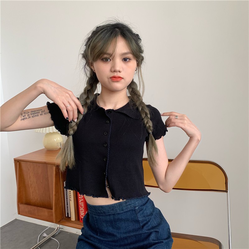 Korean women retro fashion tee wood ears short-sleeved crop top 7 C | BigBuy360 - bigbuy360.vn