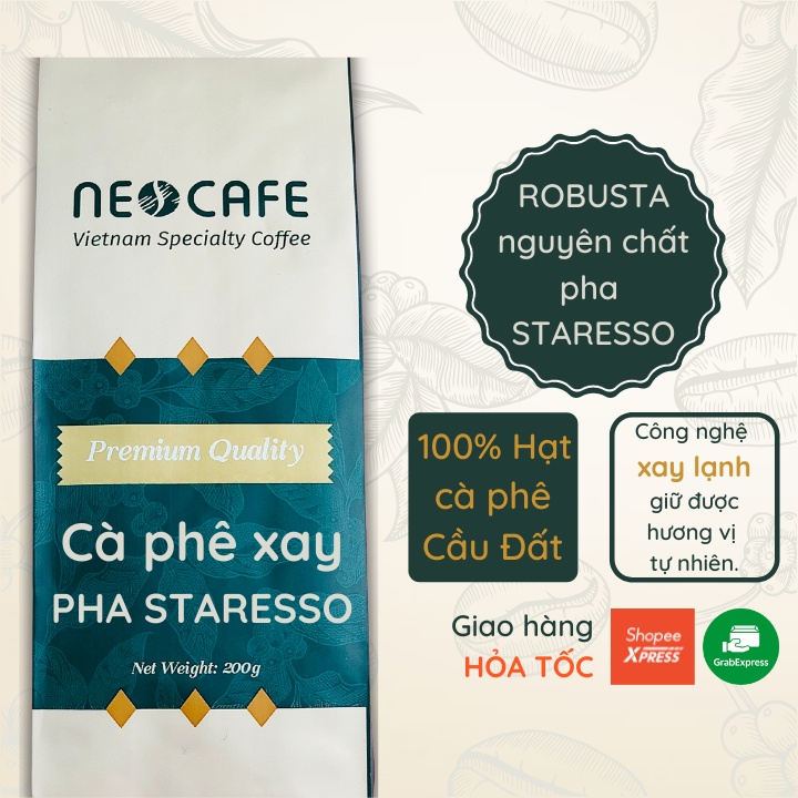 Cà phê Robusta NEOCAFE cafe nguyên chất loại ca phe rang xay pha máy Staresso gói 200g rang mộc 100%, hạt cà phê Cầu Đất