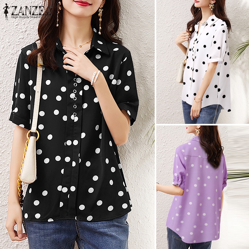 ZANZEA Áo Sơ Mi Nữ Tay Ngắn Cổ Bẻ Họa Tiết Chấm Bi Thời Trang
