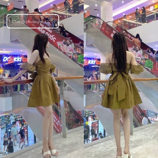 Váy trễ vai , đầm trễ vai tiểu thư , váy trễ vai tay bồng cột nơ lưng , chất kate mềm chuẩn form PLĐ06