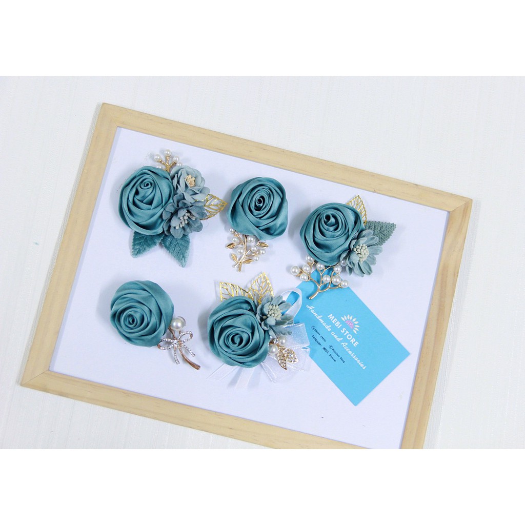 (Ảnh thật 100% NOBOX) Hoa cài áo MEBI handmade mẫu hồng cuộn tone xanh mint siêu xinh