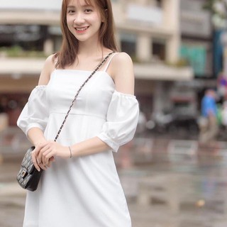 Đầm 2 dây rớt vai tay bo