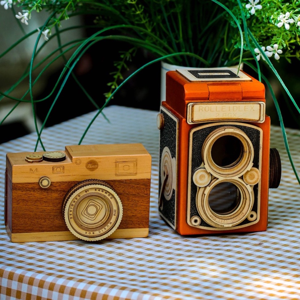 Hộp nhạc gỗ Dalat Retro, mẫu máy chụp hình Leica, lên dây cót, hộp, Dalat Retro