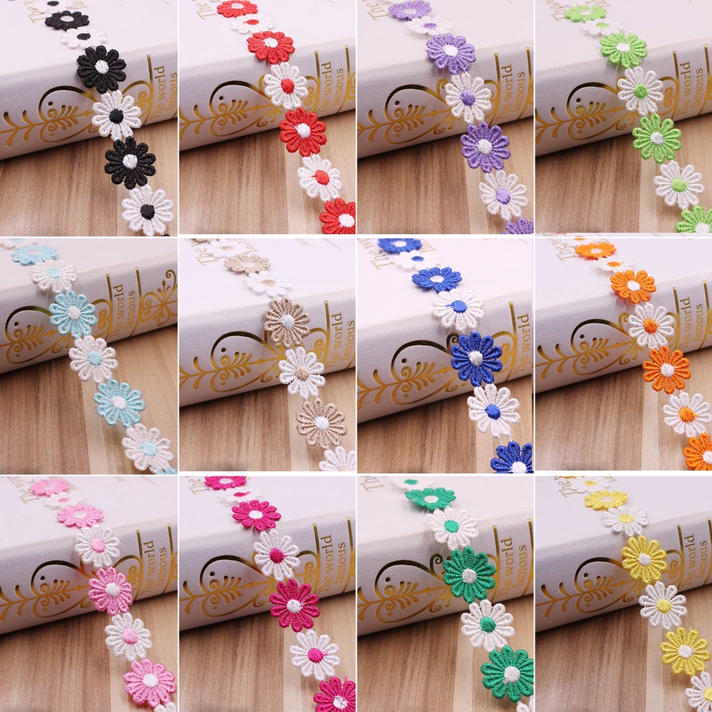 2 yards 2.5cm viền ren thêu hoa cúc 2 màu dùng trang trí thủ công