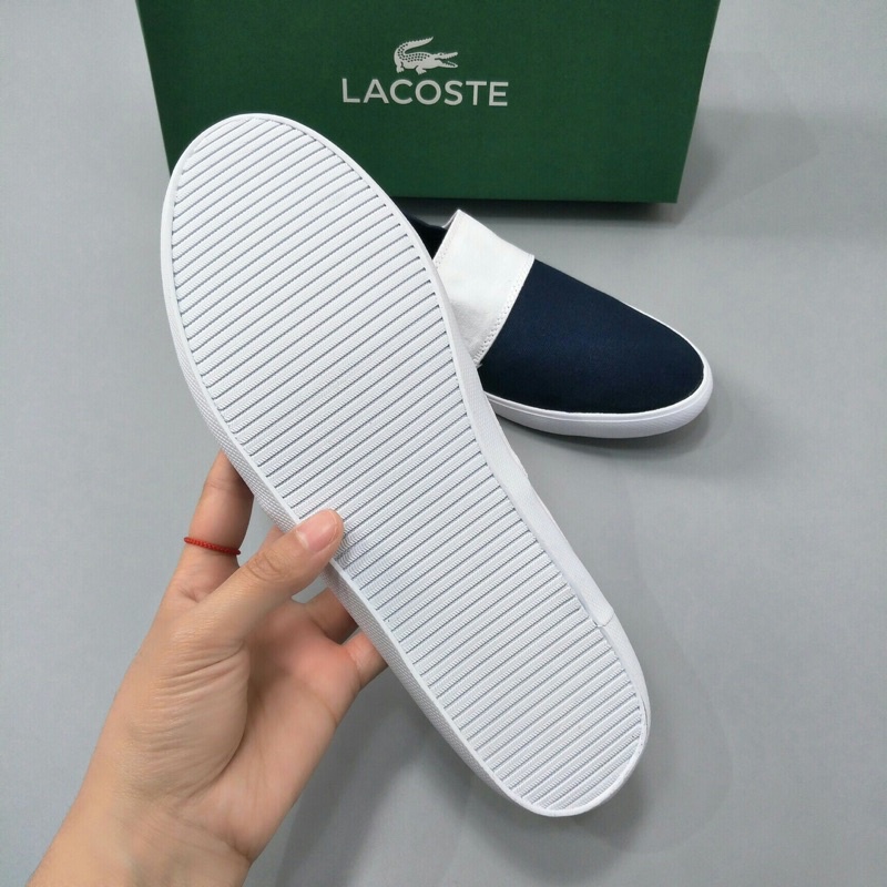 giày lười vải nam nữ đế bệt mũi bo tròn logo thêu nhỏ lacoste