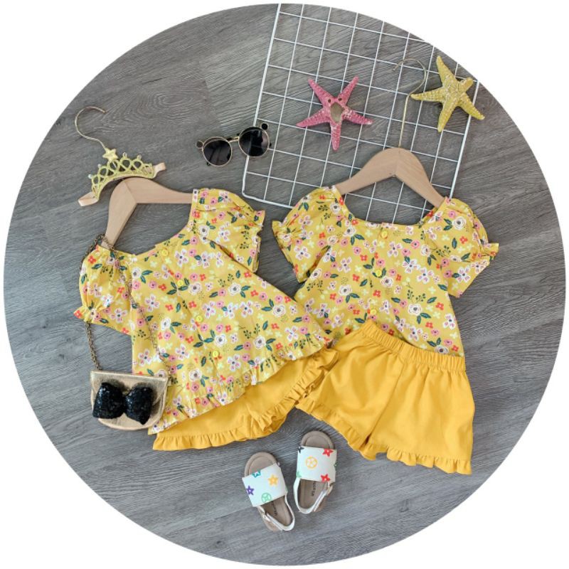 [Mã FASHIONXANH264 giảm 10K đơn 50K] Bộ hoa hoa vàng cúc dọc bé gá