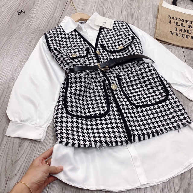 S522 Set đồ thu đông nữ, Áo gile caro chạy viền đen cá tính, phối vây sơ mi dáng dài