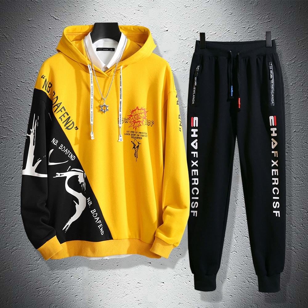 Bộ Quần Áo Nỉ Hoodies Nam Phối Hai Màu Cá Tính Quần In Họa Tiết Trẻ Trung Thời Trang Thu Đông SET NAM 9000084