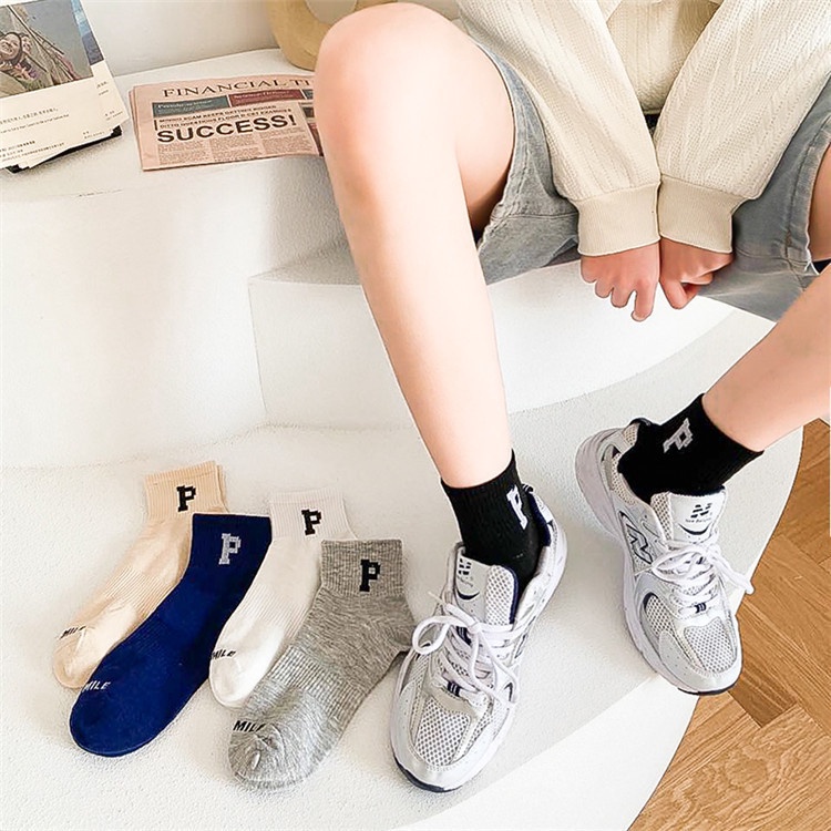 Vớ cotton Cổ Cao Màu Trơn In Chữ Phong Cách Thể Thao Thời Trang Cho Cặp Đôi