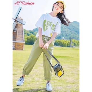 MCBB - 24-45 Kg Bộ Đồ Bé Gái Áo Thun Cho Bé Gái Cổ Tròn Quần Dài Jogger Free Phông Cộc Tay Ngắn Áo Quần Bé Gái Trẻ Em Nữ
