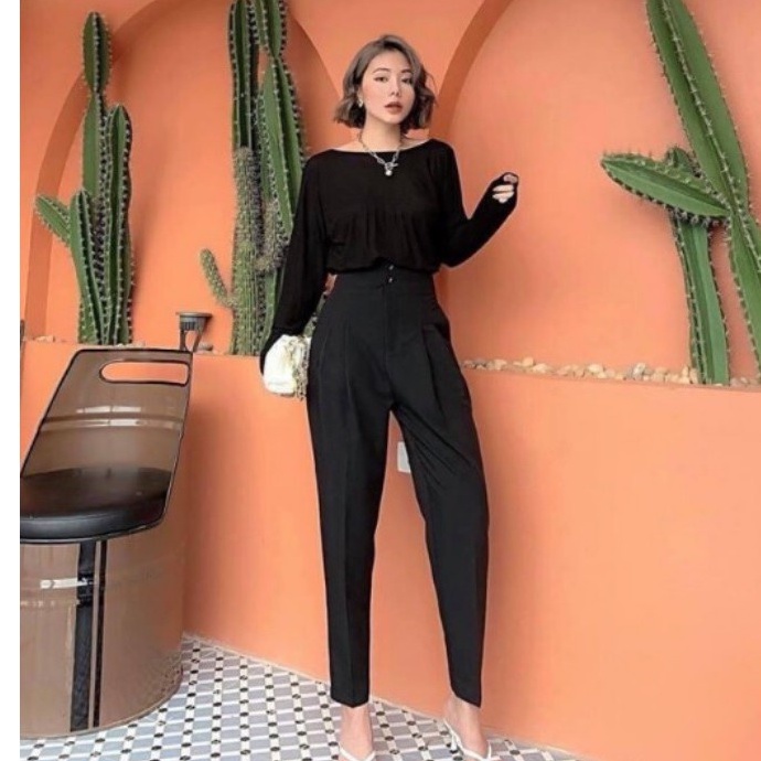 Quần Baggy nữ cạp cao liền dáng công sở phối 2 cúc màu đen chất vải tuyết mưa mềm Quần tây nữ lưng cao đi học mặc đi làm