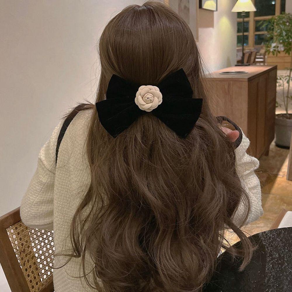 Kẹp Tóc Hình Nơ Vải Nhung Đính Hoa Trà Lớn Phong Cách Hàn Quốc Dễ Thương