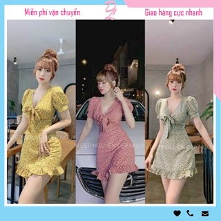 💯 Đầm nữ 👗đầm tiểu thư 👗đầm dáng xòe dáng chữ A tay phồng cổ chữ V phối nơ ngực họa tiết hoa nhí dễ thương năng động