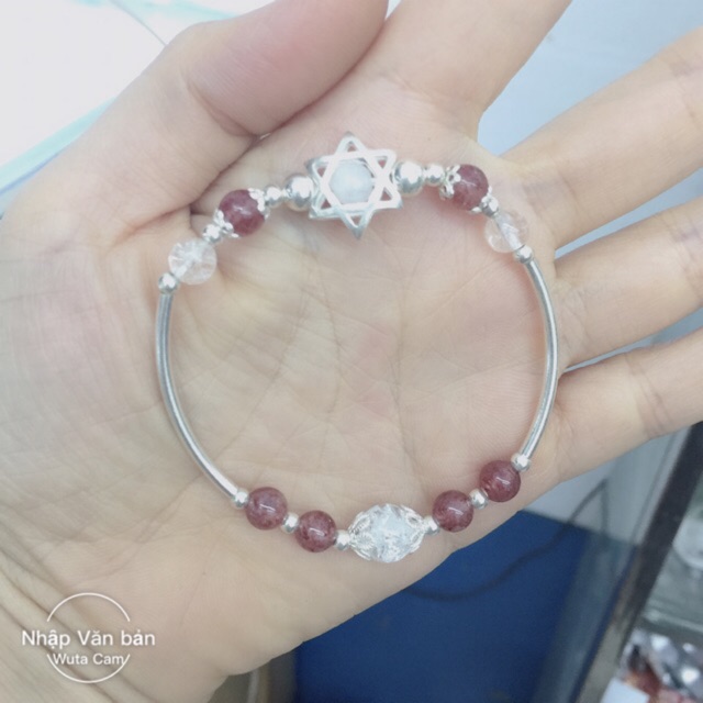 Vòng tay mix đá trắng đỏ nhân tạo kèm phụ kiện ngôi sao dâu tây bạc tô