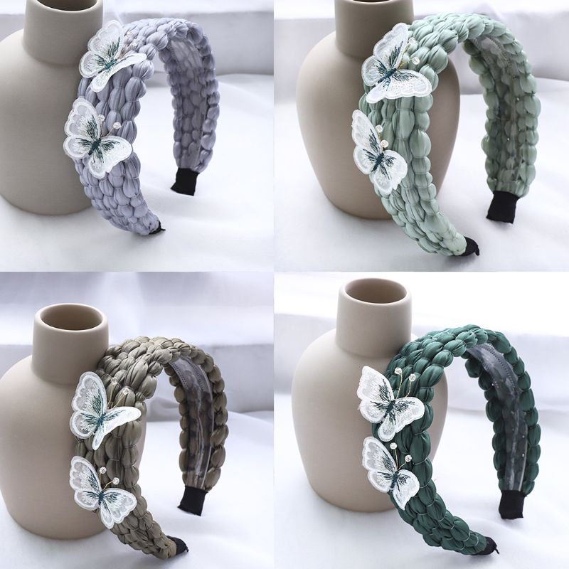 Băng Đô Cài Tóc Bện Bằng Nhựa Màu Trơn Thêu Hình Bướm 3D Thủ Công Ngọt Ngào Chống Trượt Cho Nữ