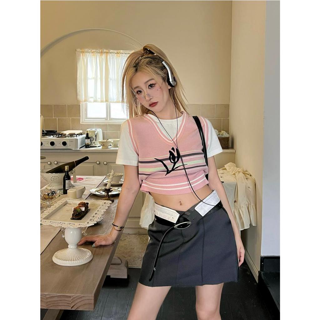 QKOOLE Áo Thun Ngắn Tay Giả Hai Lớp Phong Cách Preppy Cho Nữ