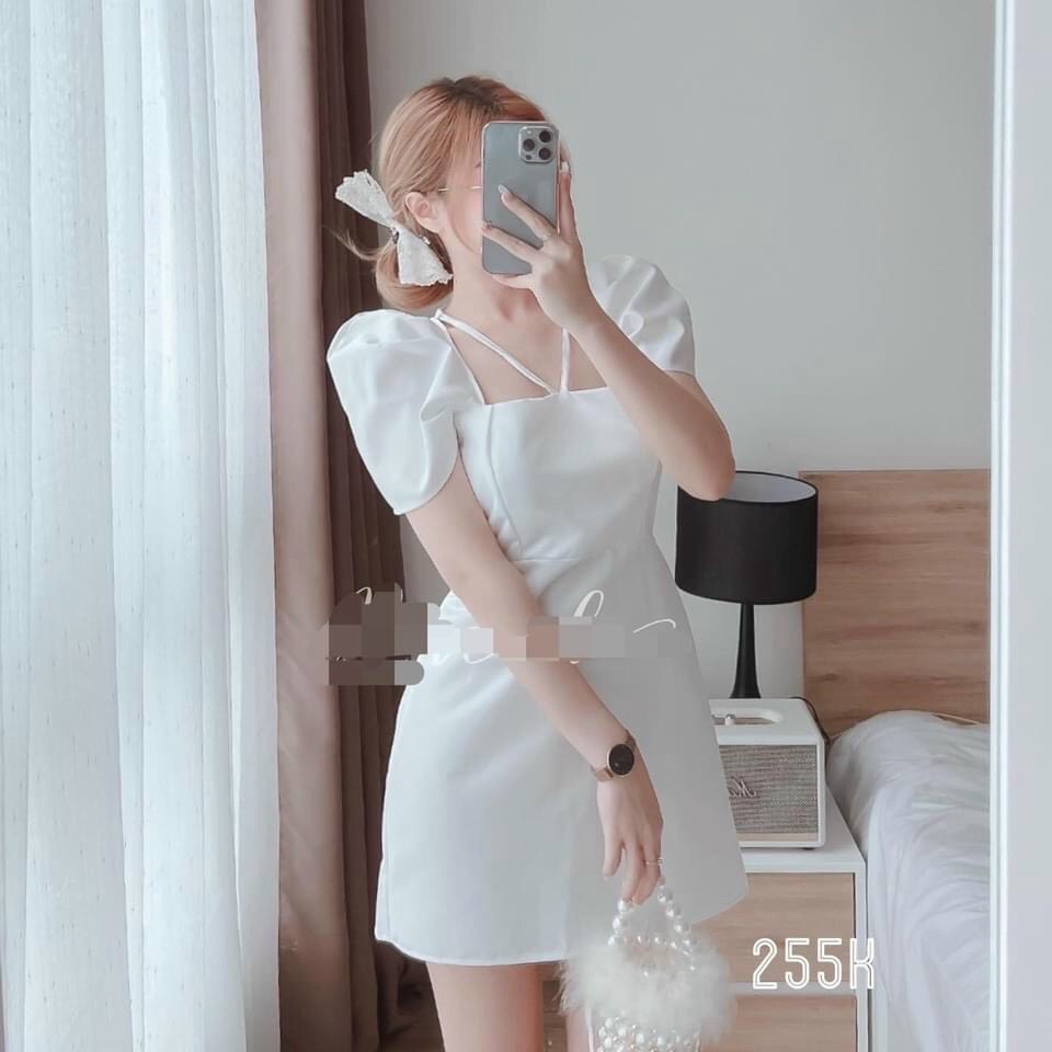 Đầm Trắng Form A Cổ Vuông 2 Dây Yếm V Tay Phồng Thanh Nhã Cho Các Nàng