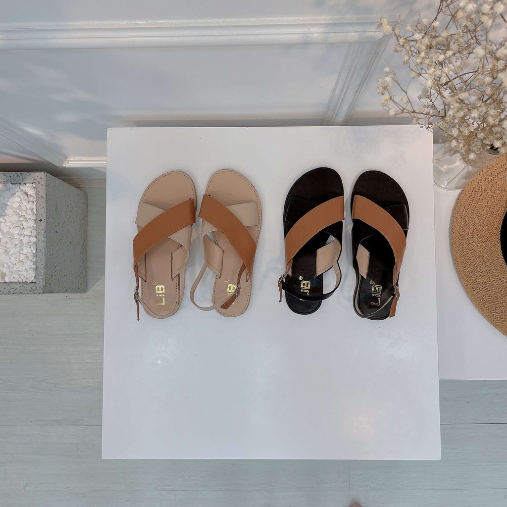LiB - Giày Sandal Nữ Đế Bệt Quai Chéo Phối Màu S516 Kem Mix Nâu