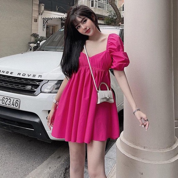 váy cổ vuông nhún ngực bo tay dáng ngắn