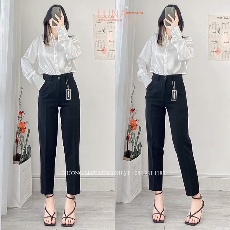 Quần tây nữ lưng cao đi học làm công sở ống đứng suông dài màu Đen Xanh dáng quần vải baggy cạp cao nữ công sở học si368