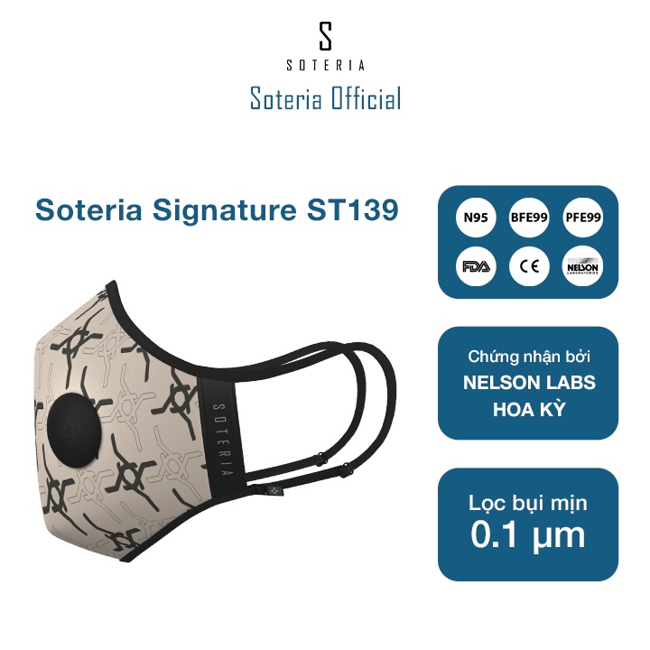 Khẩu trang tiêu chuẩn Quốc Tế Soteria Signature ST137, bộ lọc bụi mịn N95 BFE PFE 99 đến 0.1 micromet