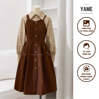 Set liền Váy yếm be nâu chất nhung tăm YV36 YAME cổ sơ mi liền yếm