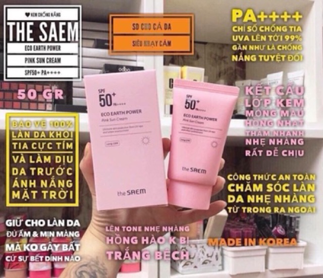 Kem chống nắng The Saem Eco Earth Power Light / Pink Sun Cream SPF50+ PA++++ [ Vàng - Hồng ] 50ml | BigBuy360 - bigbuy360.vn
