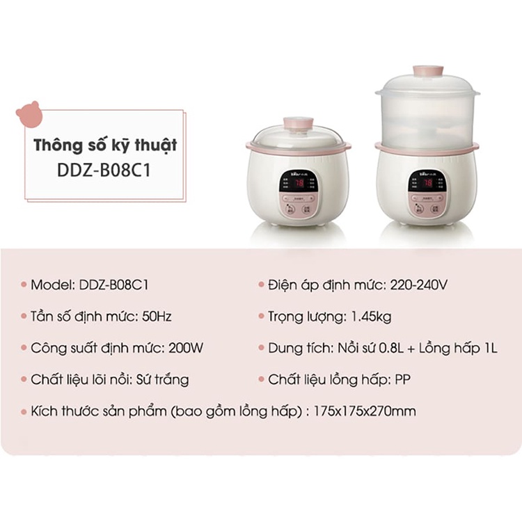 Nồi Nấu Cháo Chậm Cách Thủy 0.8L Bear SUBE001 [ Bản quốc Tế ] Giữ Lại Toàn Bộ Dưỡng Chất Trong Thực Phẩm Cho Bé Hấp Thụ