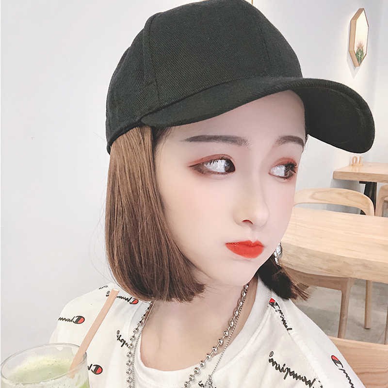 Tóc giả♗◐hat wig integrated fashion short curly hair spring and summer trend caps wave bob net red clavicle full hood style