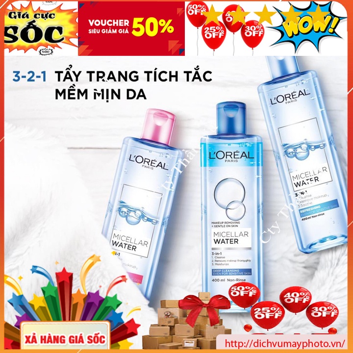 Nước Tẩy Trang L’Oreal Paris 3-in-1 Micellar Water 400ml  Không Cồn,Không Hương Liệu, Không Kích Ứng Da