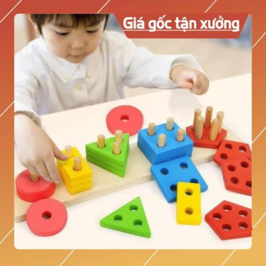 [Shopee Trợ Giá] Đồ Chơi Gỗ - Thả Hình, Luồn Cọc 5 Hình Khối Cơ Bản