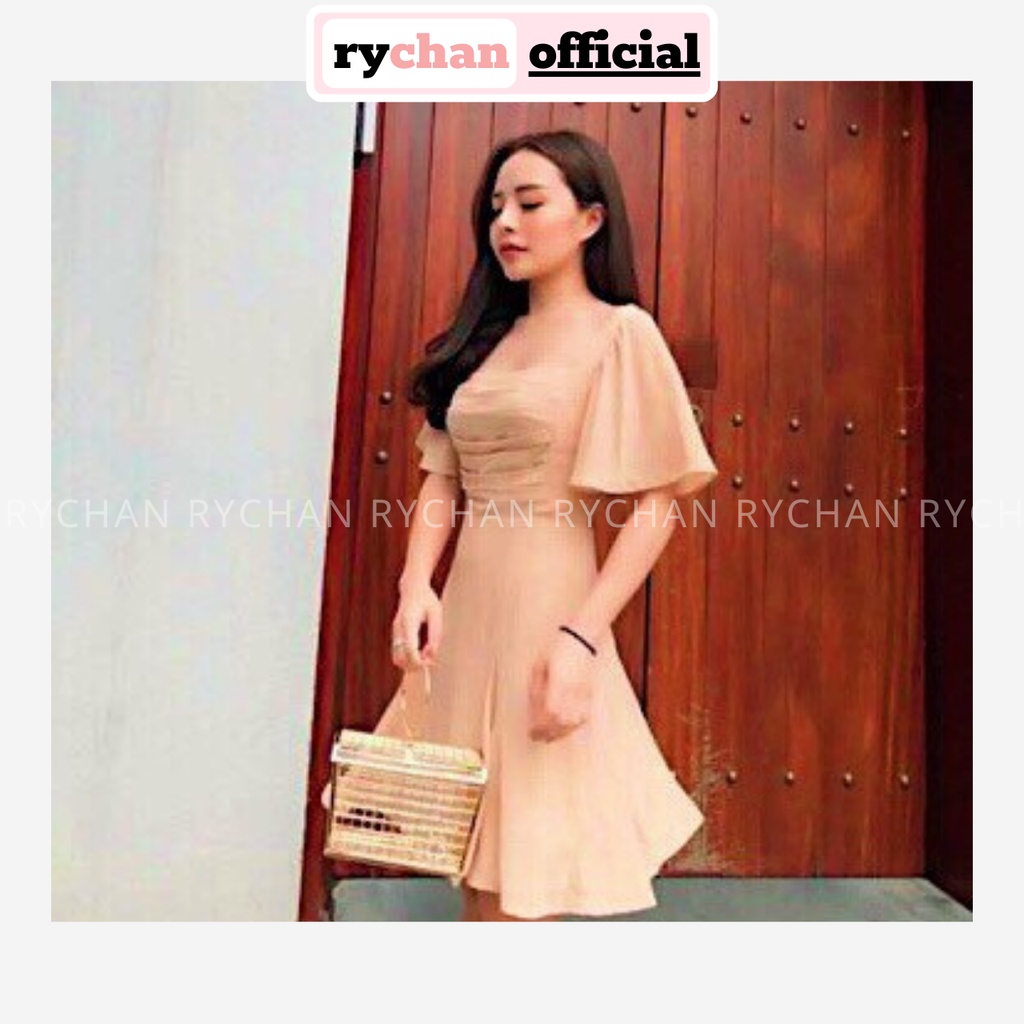 Đầm Xoè Nude Xếp Ngực Tay Loe - DX592