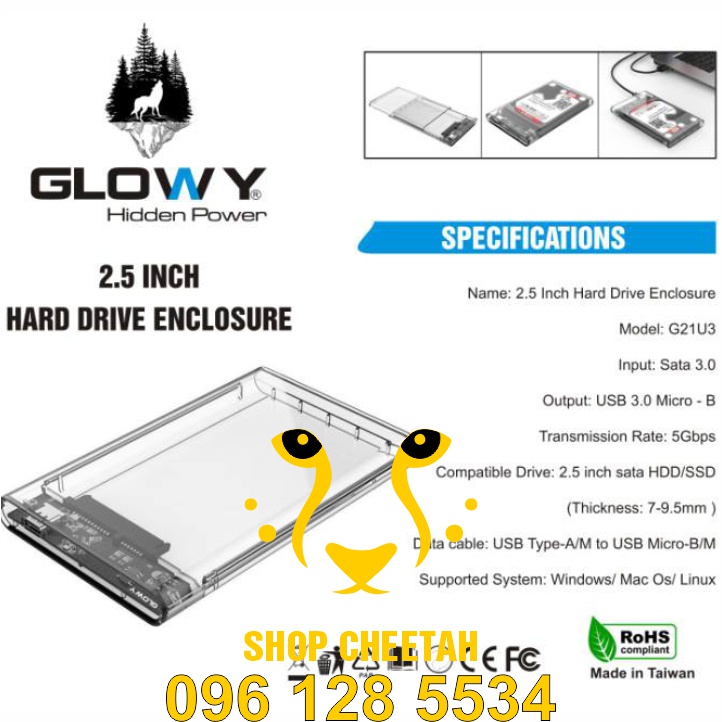 Box ổ cứng Gloway G21U3 dùng cho SSD/HDD 2,5&quot; - Nhựa ABS trong suốt – CHÍNH HÃNG – Bảo hành 12 tháng