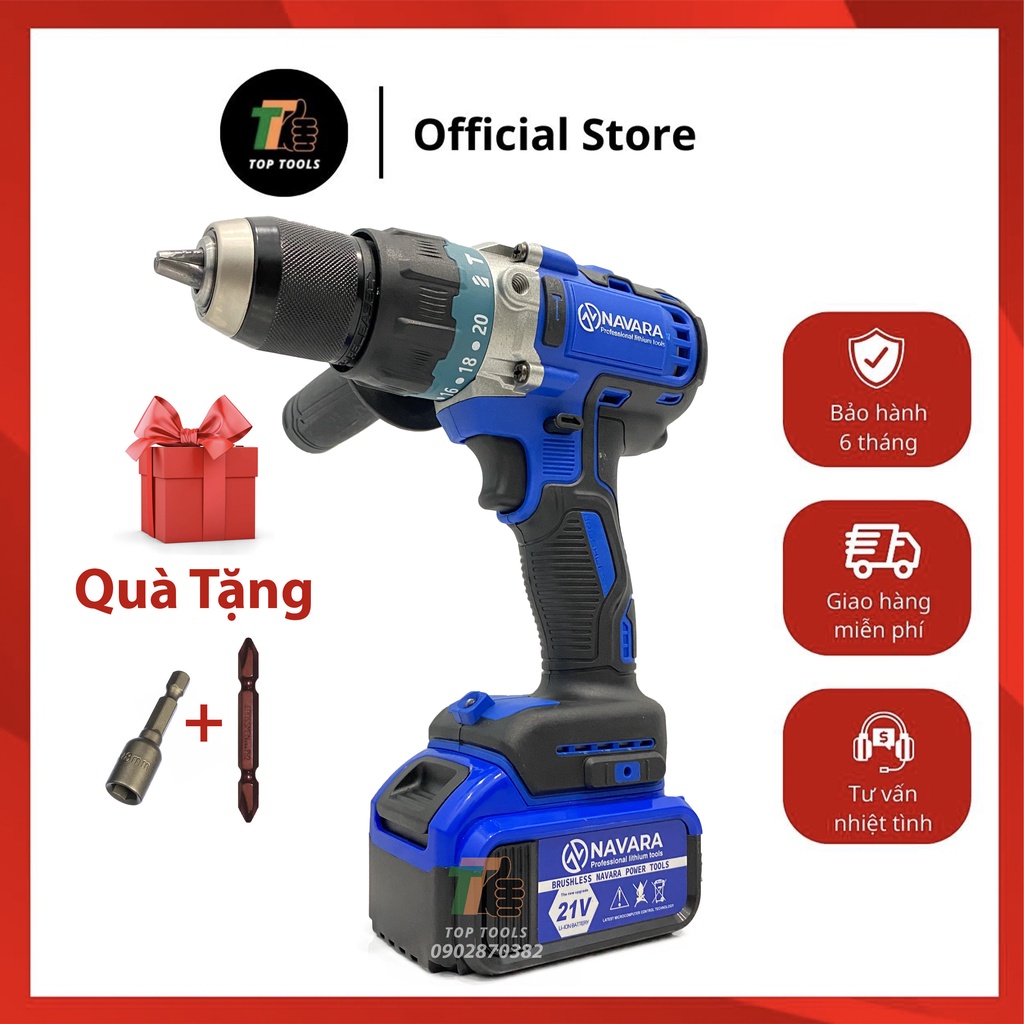 Khoan pin không chổi than, khoan pin Navara, Đầu 13mm, Pin 10cell 21V