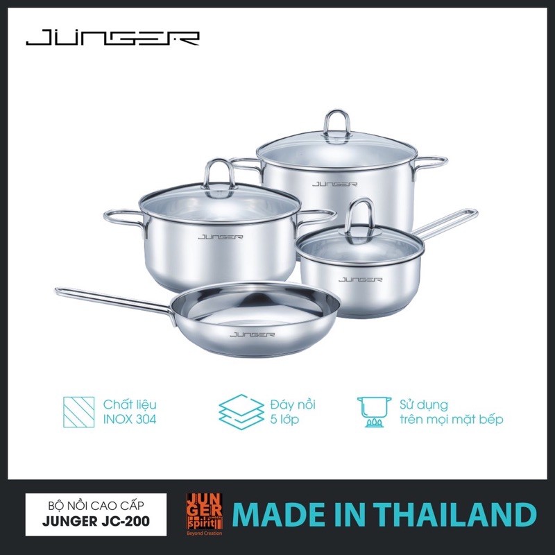 Bộ nồi chảo Inox 304 đáy 5 lớp Junger JC200 Made in Thailand
