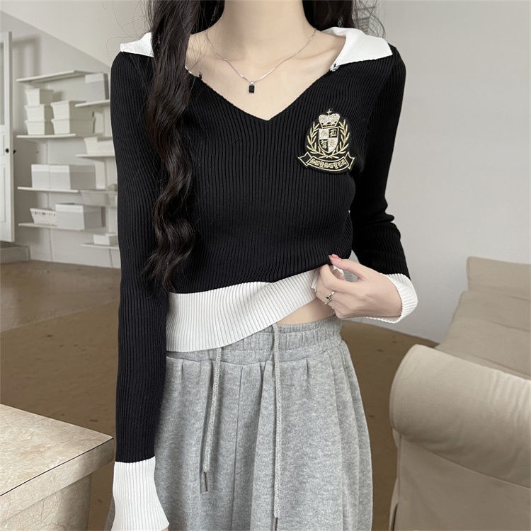 Áo polo Dệt Kim Tay Dài Dáng Ôm Lưng Cao Thời Trang Mùa Thu Cho Nữ