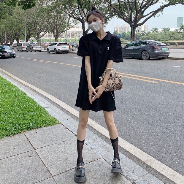 Váy Thun Polo Thêu Thỏ PEONYB Nữ [FREESHIP]  Đầm dáng suông cổ bẻ tay lỡ kiểu dáng học sinh cá tính hàn quốc Ulzzang