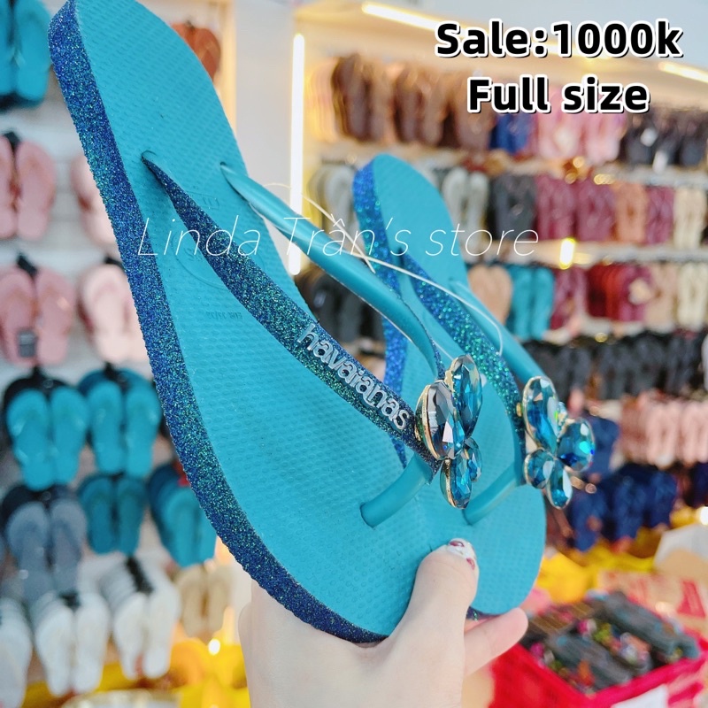 dép HVN kim tuyến viền xanh biển mix charm bướm đá xanh dương
