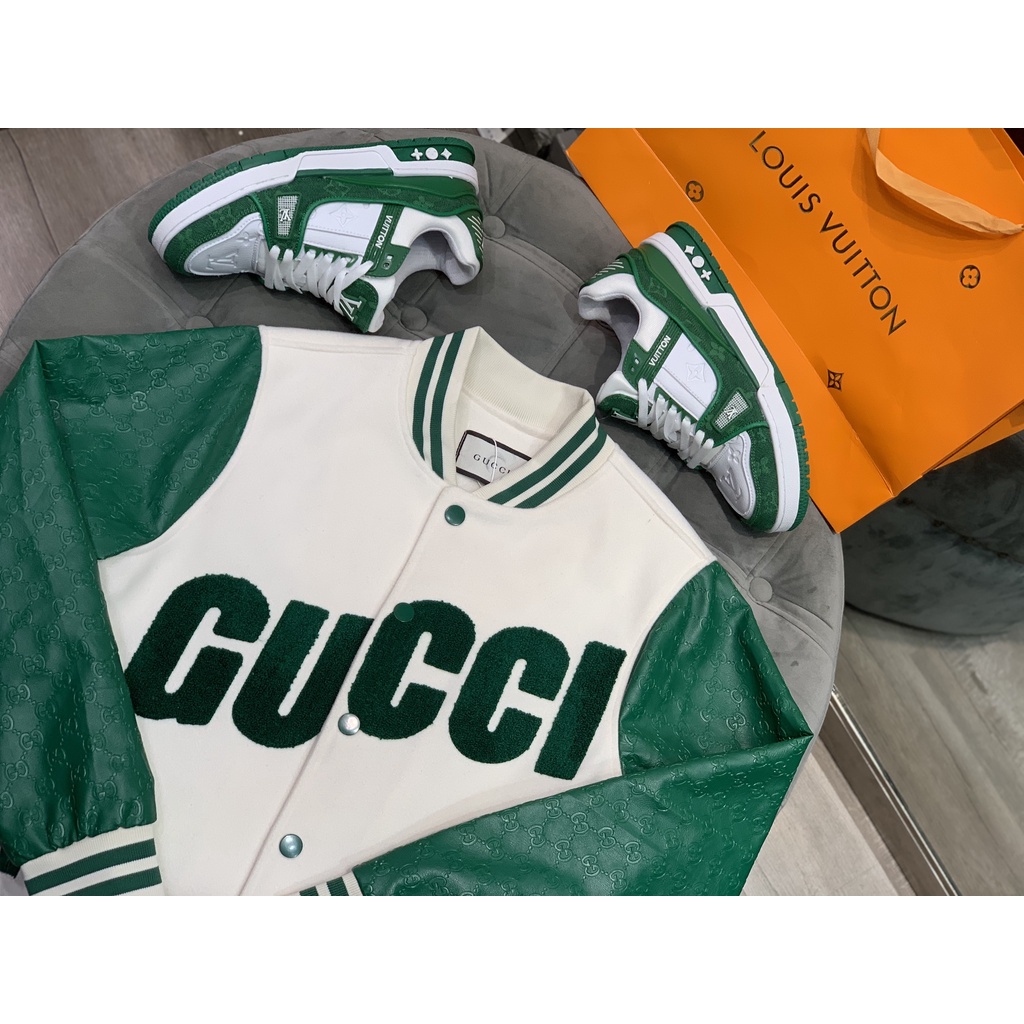 VARSITY JACKET GUCCI QUẢNG CHÂU CAO CẤP, ÁO VARSITY JACKET GUCCI LUXURY XANH LÁ TRẮNG