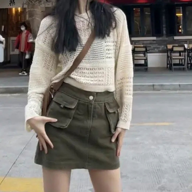 ❦Chân váy jean Dáng Chữ A Lưng Cao Màu Xanh Quân Đội Mỹ Size S-4XL Thời Trang Cá Tính Cho Nữ