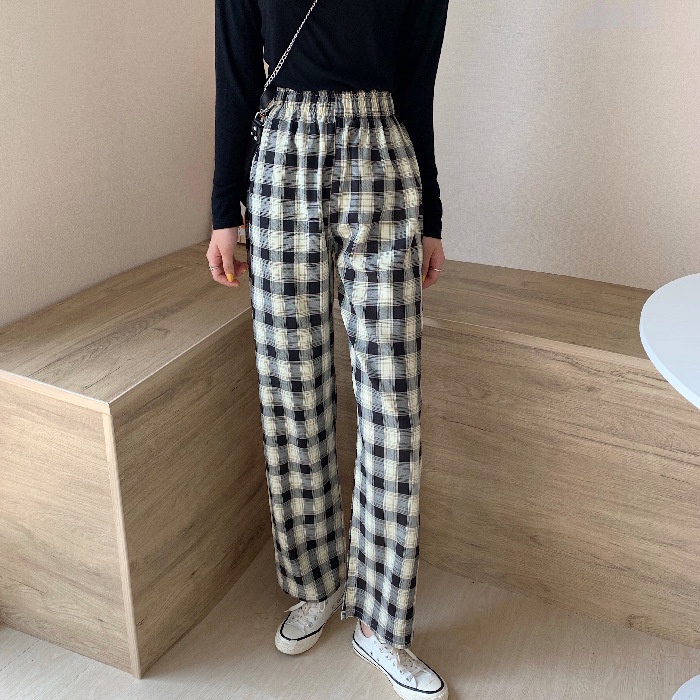 Plaid Pants Women's Early Autumn Loose 2020 New Thin Straight Vertical High Waist Slim Mop Wide Leg Casual Pants