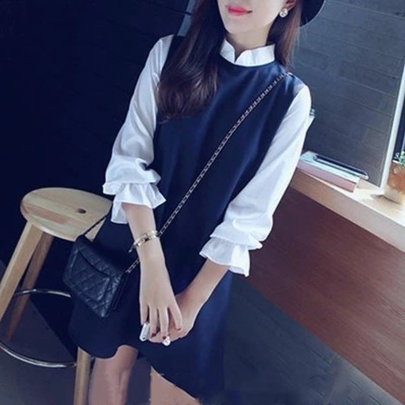 váy sơ mi nữ cổ tàu dài tay thu đông da48