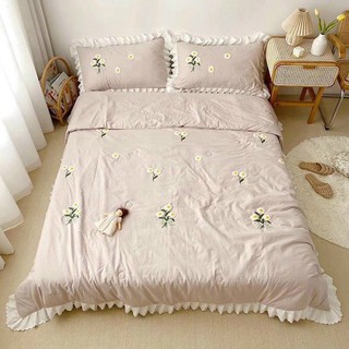 Bộ chăn ga gối cotton đũi bèo chăn chần hè thêu hoa cúc nhập khẩu 4 món hàng có sẵn