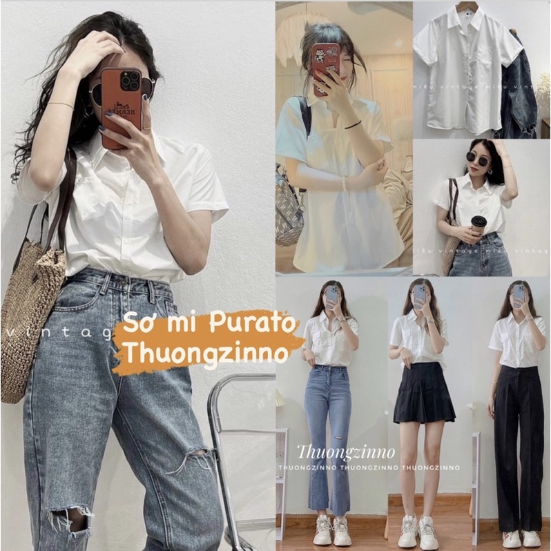 [Ảnh thật/Video]ÁO SƠ MI NỮ TRẮNG PURATO NGẮN TAY CÓ TÚI HOTTREND MÀU TRẮNG Áo sơ mi trắng dáng vừa