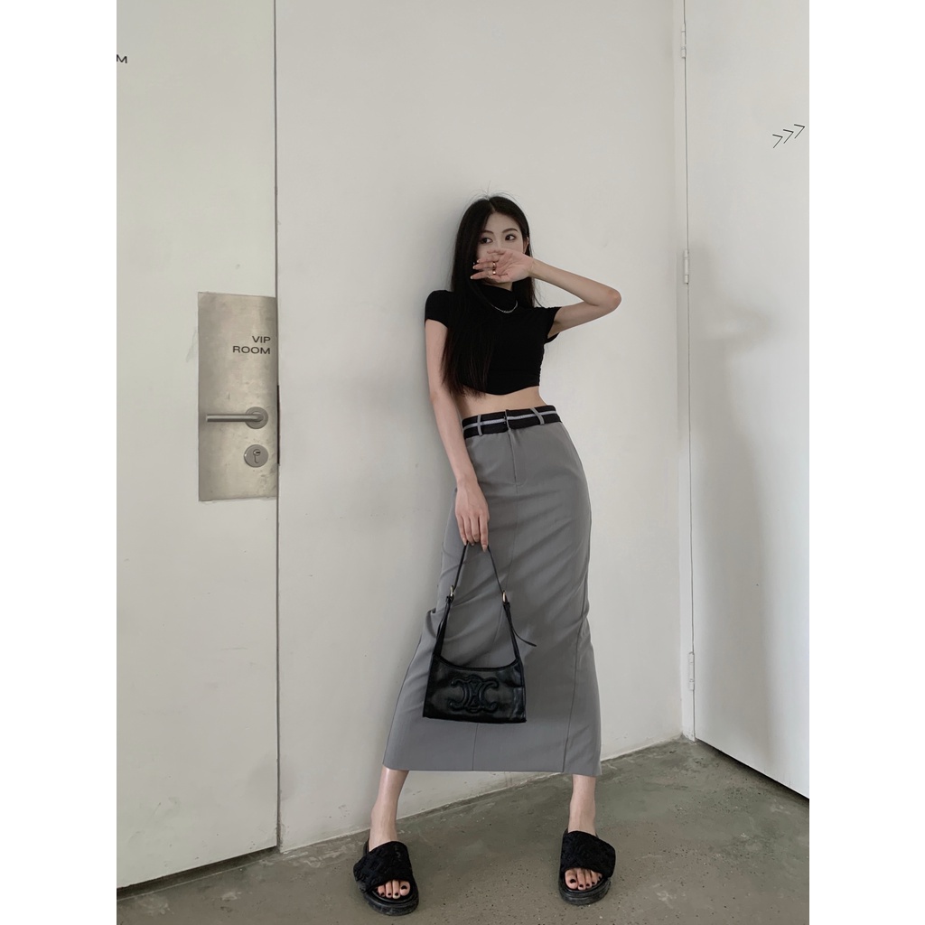 Bộ Áo Ngắn / Chân Váy Lưng Cao Xẻ Tà Đơn Giản Thời Trang Dành Cho Nữ