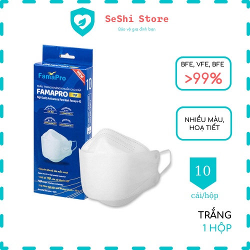 Khẩu trang y tế 4D Famapro Trắng KF94 3 lớp kháng khuẩn Hộp 10 cái