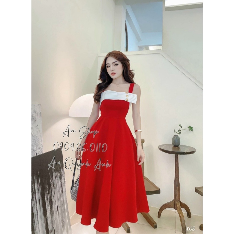 [Đầm free ship] Đầm công chúa đi dư tiệc cưới sang trọng dễ thương với thiết kế 2 dây có mút, đính khuy cúp ngực cá tính