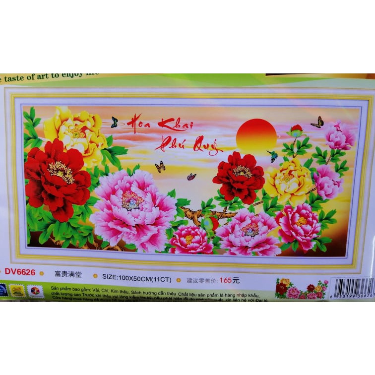 Tranh thêu chữ thập Hoa mẫu đơn Hoa khai phú quý DV6626